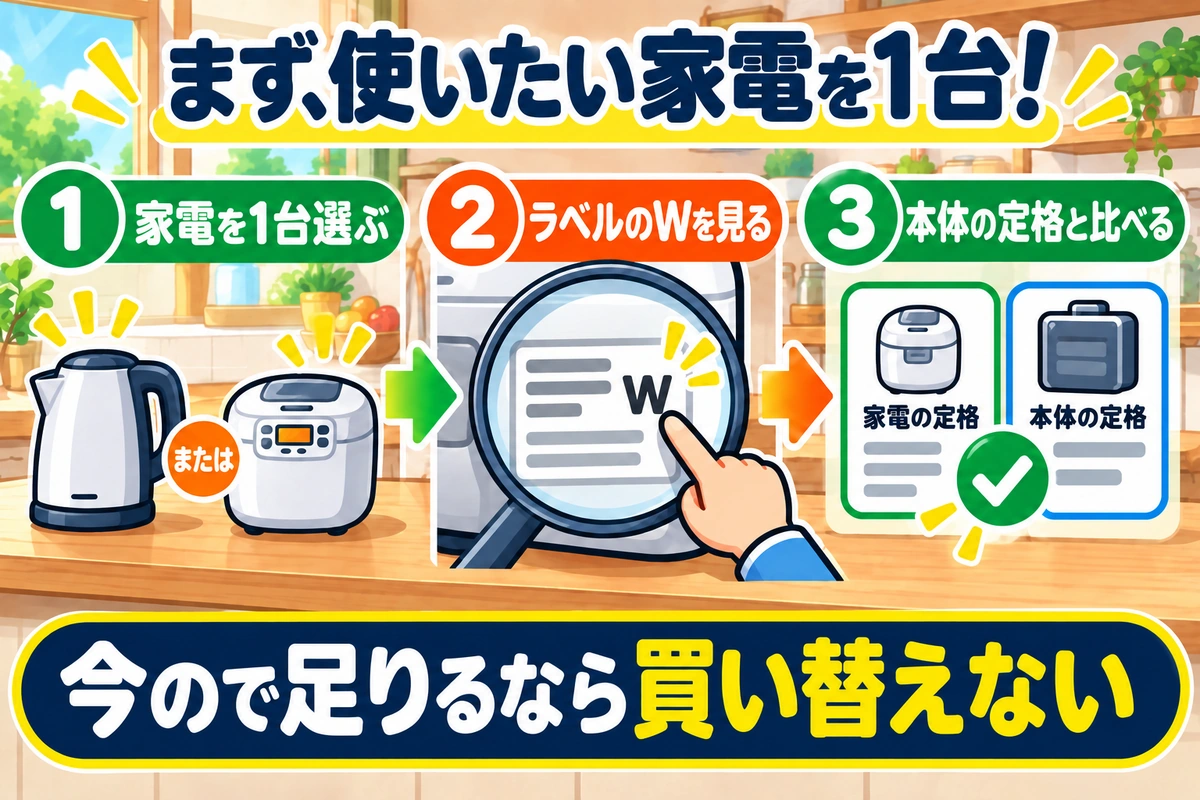 使いたい家電を1台選び、ラベルの消費電力Wを見て、ポータブル電源本体の定格出力と比べる。今ので足りるなら買い替えない。