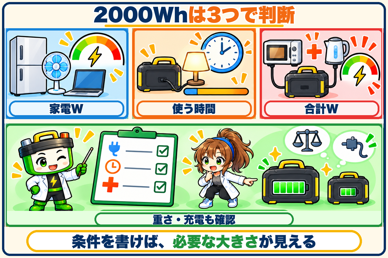 2000Wh級を家電W、使う時間、一緒に使う家電の合計W、重さと充電方法で判断するまとめ図