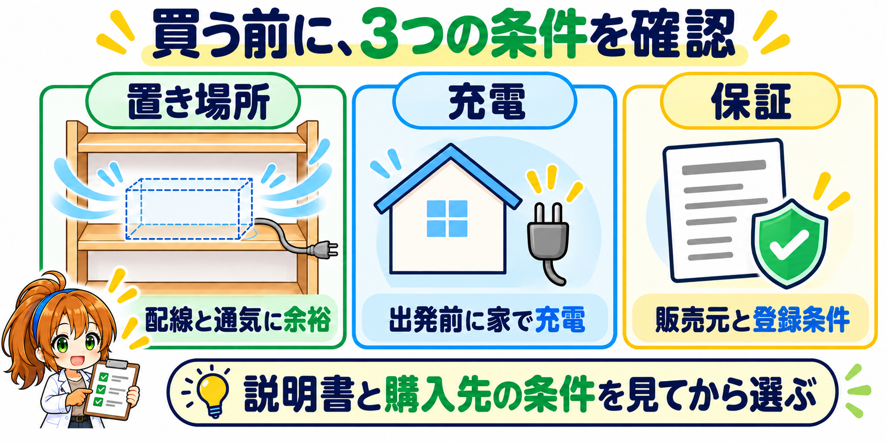 購入前に置き場所の配線と通気、出発前の家庭での充電、販売元と保証登録条件を確認する
