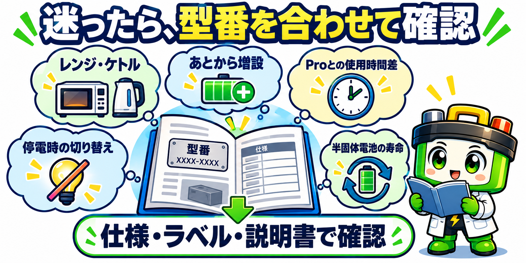 レンジやケトル、増設、Proとの使用時間差、停電時の切り替え、半固体電池の寿命。迷ったら型番を合わせて仕様・ラベル・説明書で確認