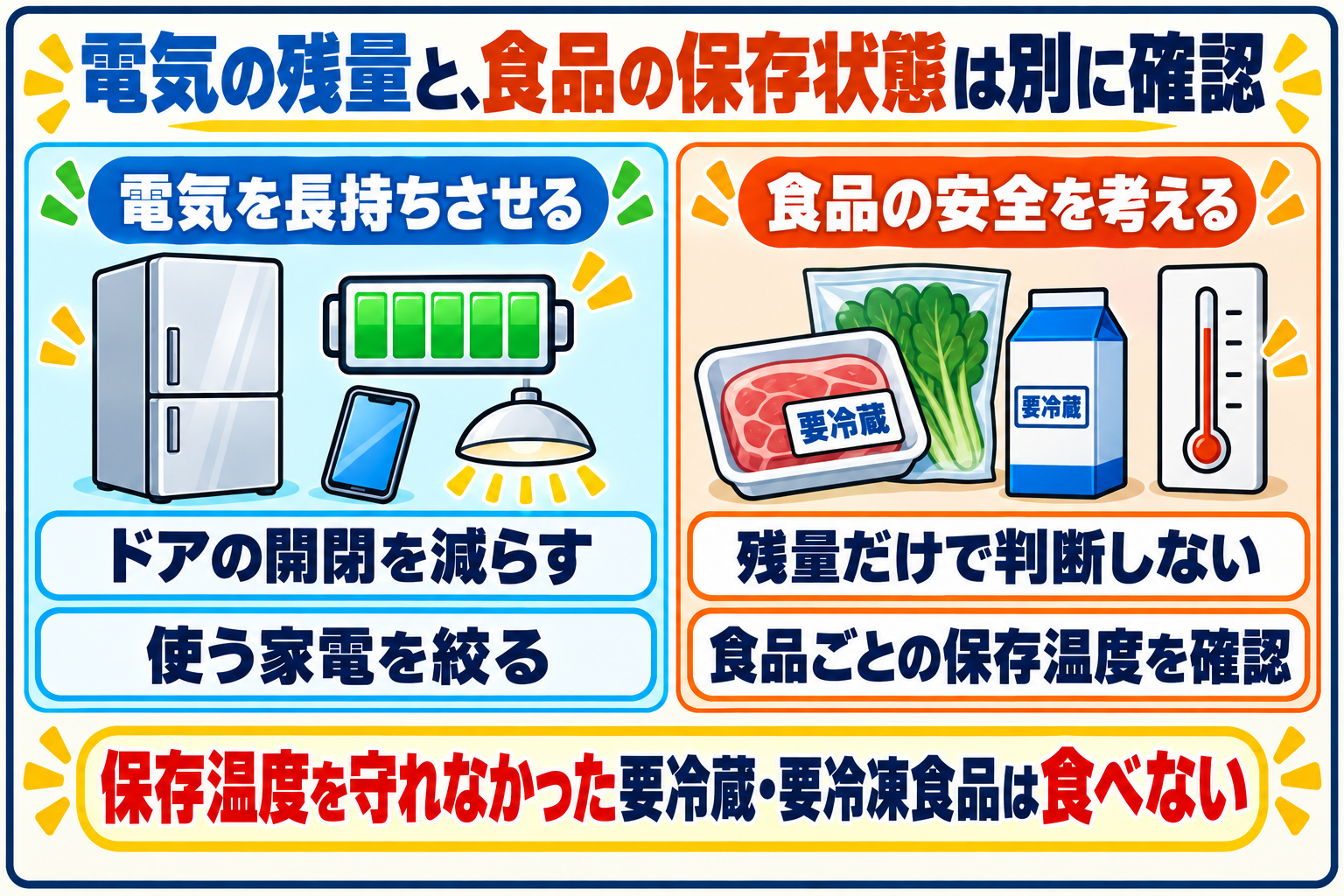 ドアの開閉を減らして使う家電を絞る節電の工夫と、食品の保存温度を確認する判断を分けた図。電池の残量だけで食品の安全を決めない