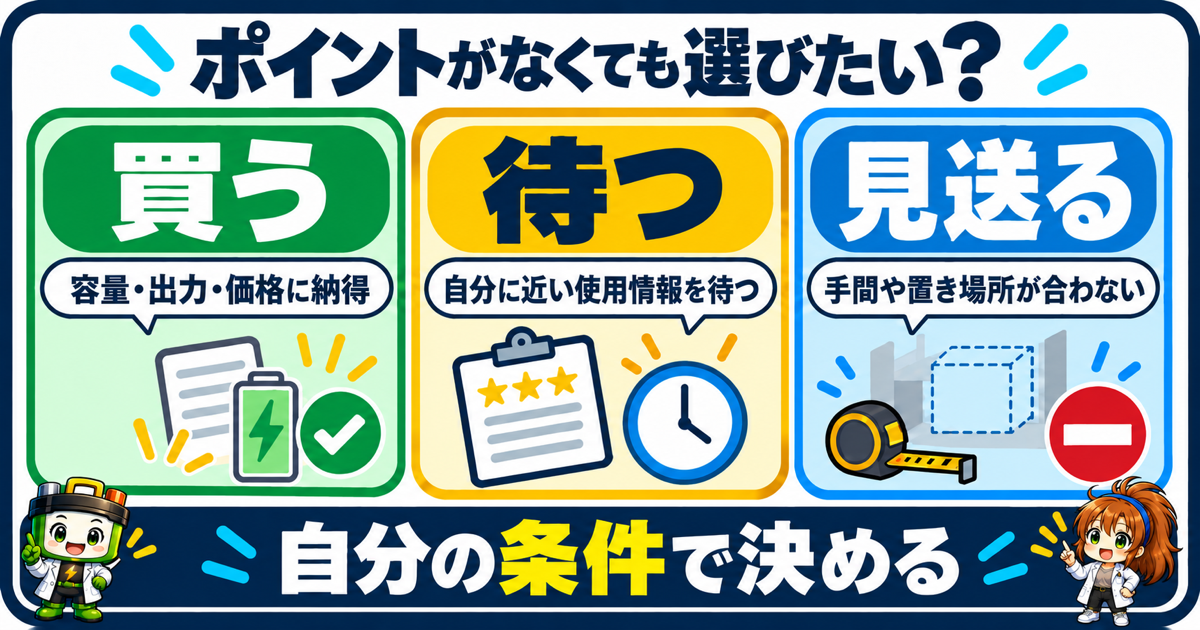 容量・出力・価格に納得なら買う、使用情報を待つなら待つ、手間や置き場所が合わないなら見送る
