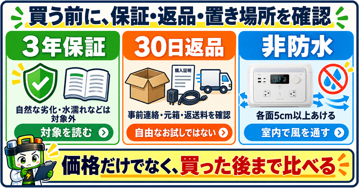 3年保証の対象外、30日返品の事前連絡・元箱・返送料、本体非防水と各面5cm以上の空間を確認する