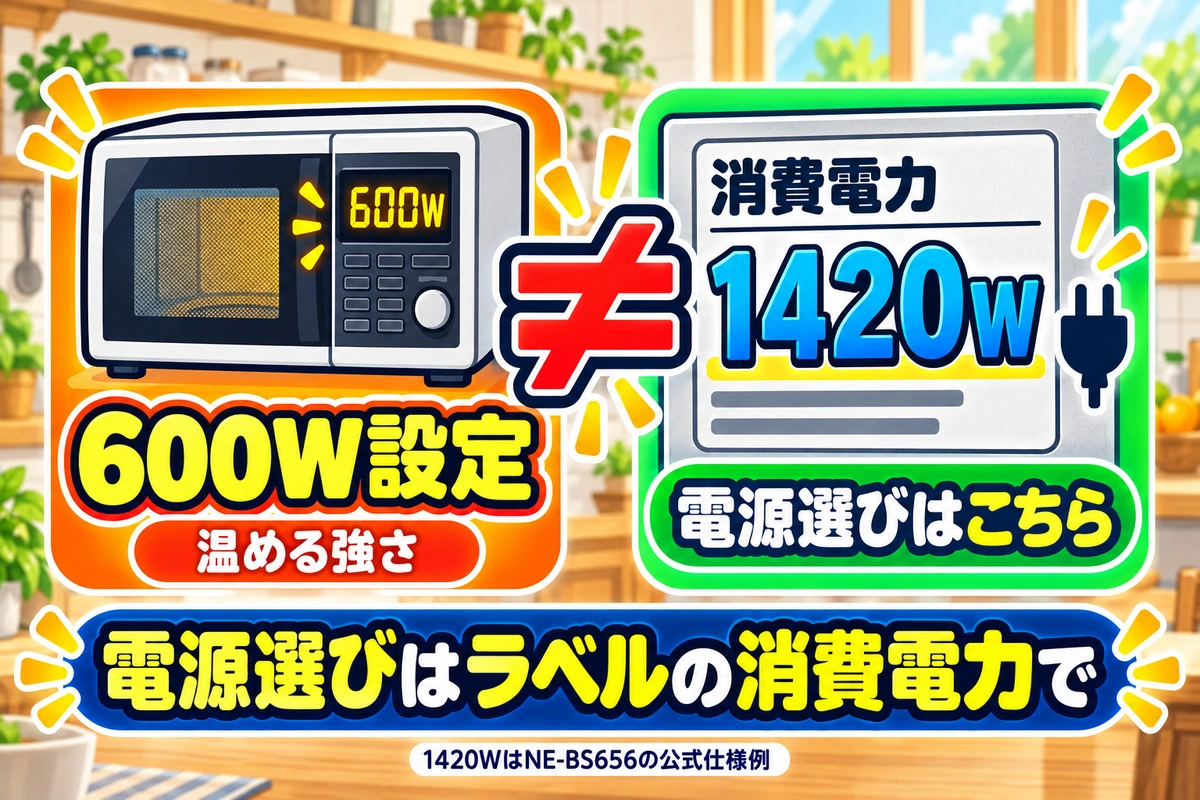 電子レンジの600W設定は温める強さで、電源選びにはラベルの消費電力を見る。1420WはパナソニックNE-BS656の公式仕様例で、600W設定時に使って確かめた数値ではない。