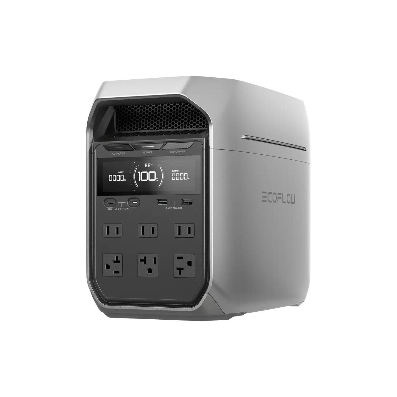 EcoFlow DELTA 3 Plus国内モデルの原写真。前面にUSB-C 140W端子とAC6口がある本体。