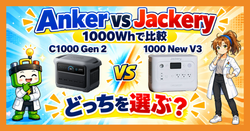 Anker C1000 Gen 2とJackery 1000 New V3を1000Wh級の国内2機種として比べる記事のアイキャッチ。