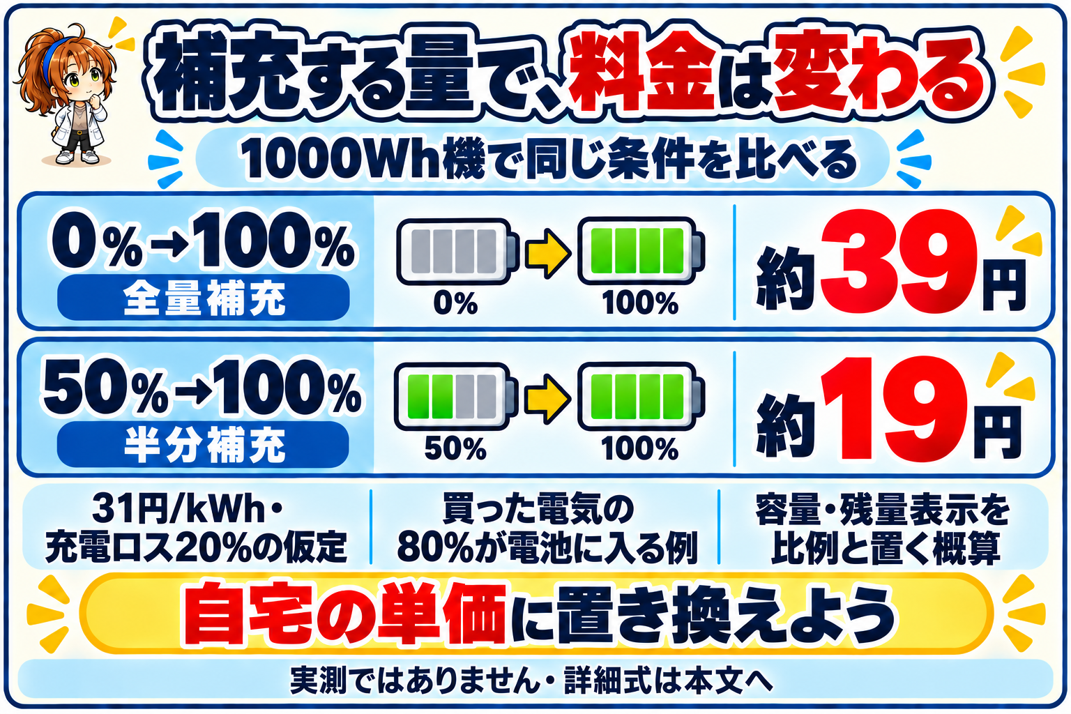 1000Wh機で31円/kWh・充電効率80%を仮定し、全量補充約39円と半分補充約19円を比べる図
