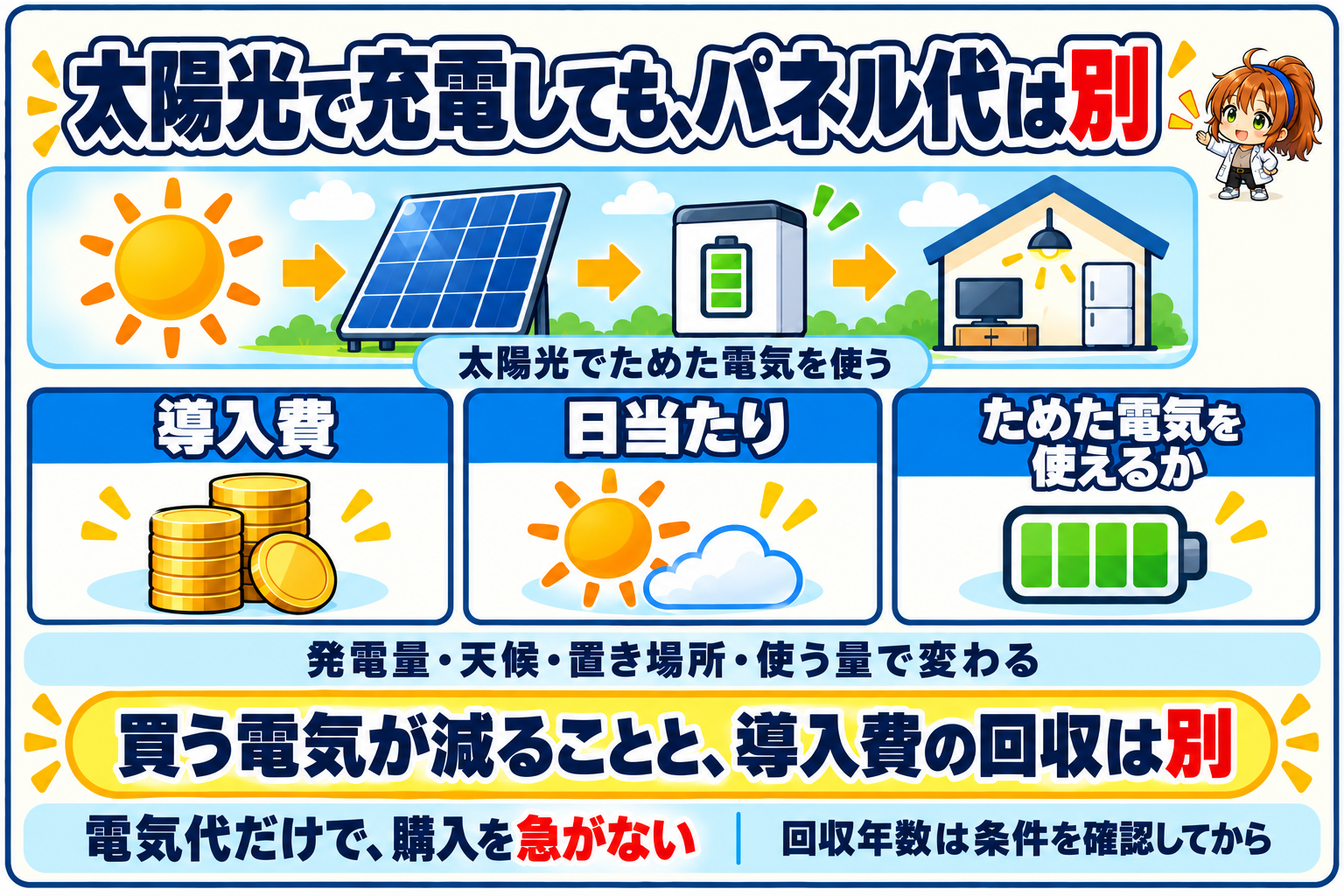 太陽光で減る買電と、パネル導入費や使う量を分けて判断する図
