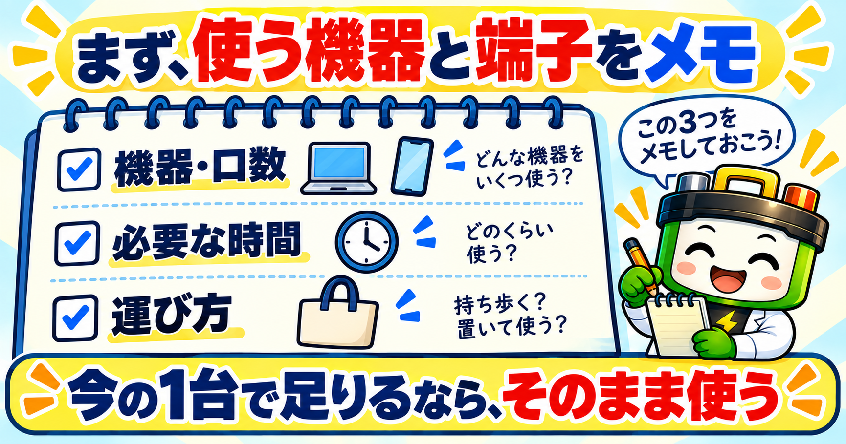 使う機器と必要な端子・口数、使用時間、運び方を整理するメモ。旧C1000で足りるなら買い替えを急がない。