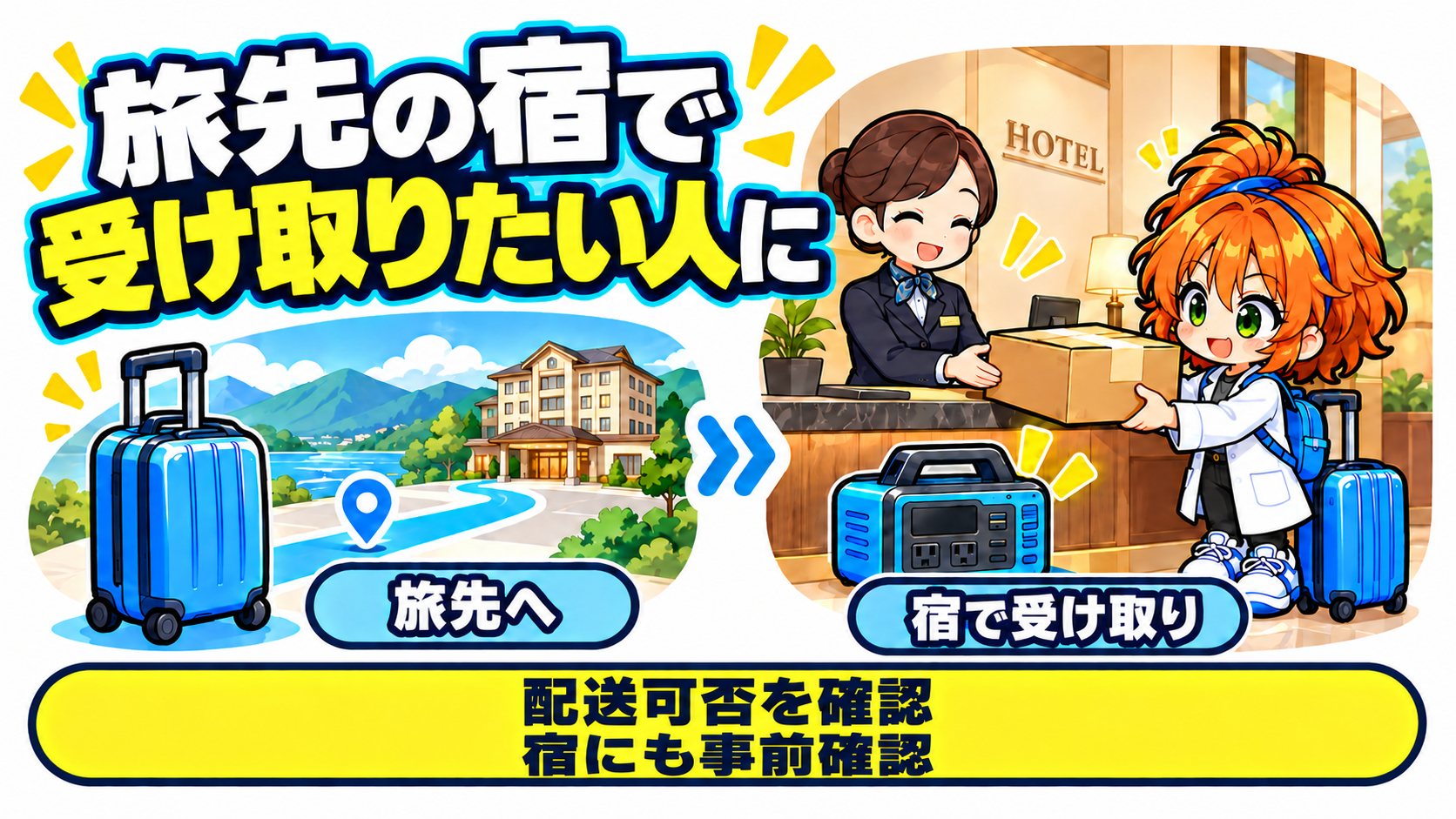旅先の宿で受け取りたい人に。旅先へ移動し、宿で受け取り。配送可否を確認し、宿にも事前確認。