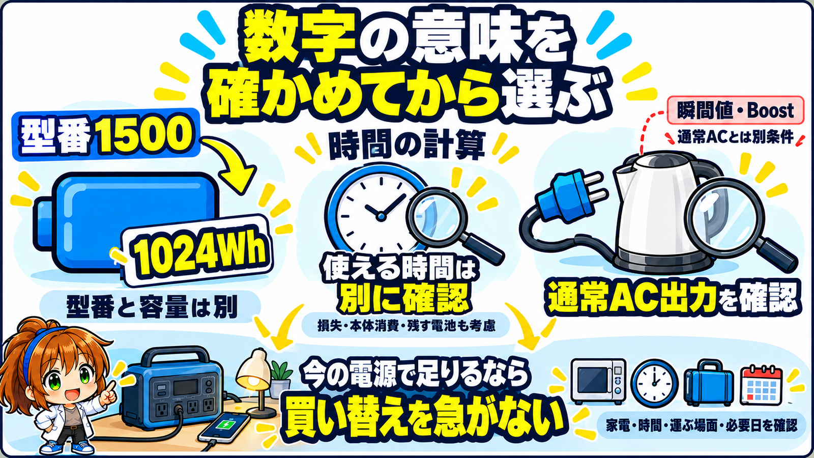 ソラリッチ1500の容量は1024Wh。型番・時間の計算・瞬間値やBoostを分けて条件を確認し、今の電源で必要な用途が足りるなら買い替えを急がない判断を示す図。