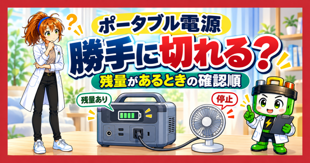 ポータブル電源が勝手に切れる原因と、残量があるときの確認順を示すアイキャッチ。