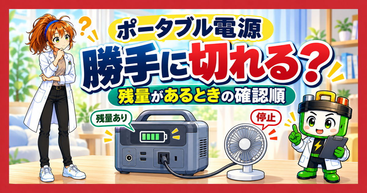 ポータブル電源が勝手に切れる原因と、残量があるときの確認順を示すアイキャッチ。