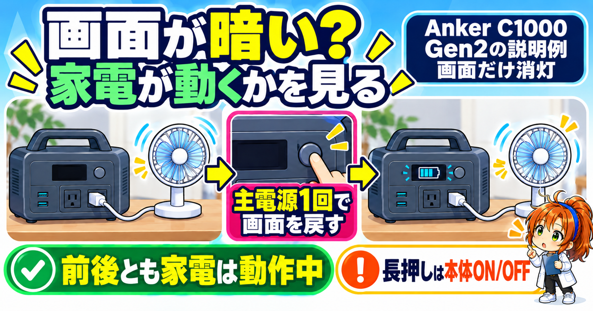 Anker SOLIX C1000 Gen2(A1763)の説明例。画面だけ消えても扇風機が動く状態で、主電源1回押しの表示復帰と本体ON/OFFの長押しを分ける図。