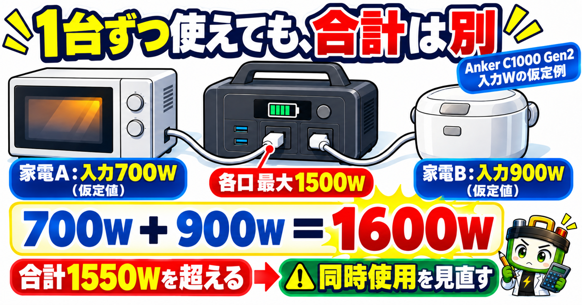 Anker SOLIX C1000 Gen2(A1763)の入力Wの仮定例。700Wと900Wの家電を別AC口へつなぎ、各口最大1500W以内でも合計1600Wは1550Wを超える図。