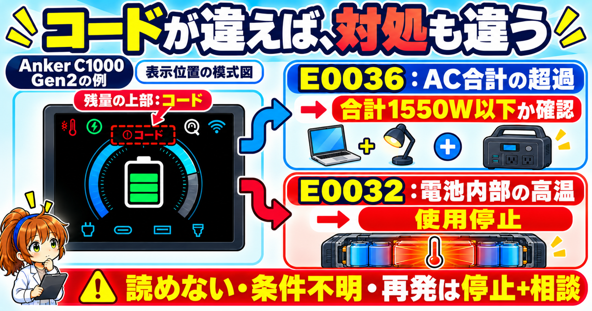 Anker SOLIX C1000 Gen2(A1763)のコード表示位置の模式図。E0036はAC合計の超過で1550W以下か確認、E0032は電池内部の高温で使用停止と示す図。