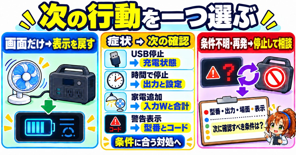 次の確認を選ぶまとめ図。USB停止は充電状態、時間で停止は出力と設定、家電追加は入力Wと合計、警告表示は型番とコードを確認し、不明・再発は停止相談へ進む。